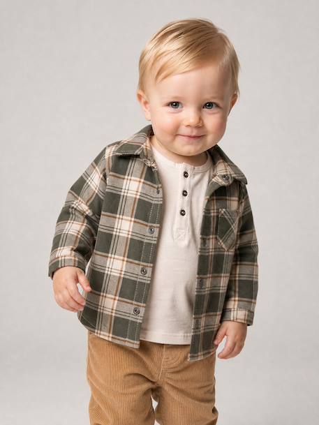 Chequered Flannel Shirt for Babies khaki+navy blue - vertbaudet enfant 