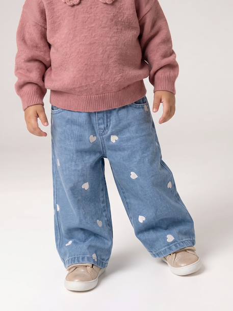 Wide-leg jeans with small embroidered hearts denim grey+stone - vertbaudet enfant 