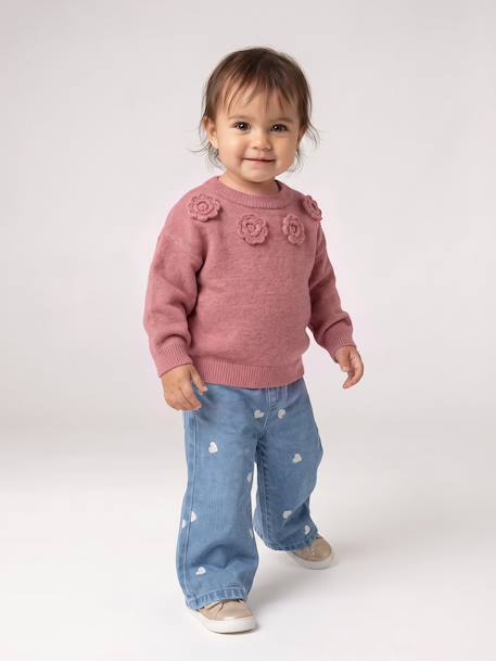 Wide-leg jeans with small embroidered hearts denim grey+stone - vertbaudet enfant 
