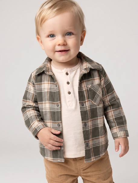 Chequered Flannel Shirt for Babies khaki+navy blue - vertbaudet enfant 