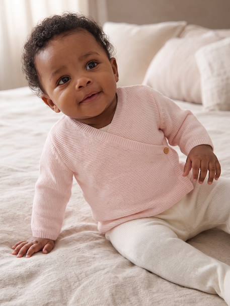 Wrap-Over Cardigan in Wool & Cotton for Babies cappuccino+marl beige+pale pink+sage green+white - vertbaudet enfant 
