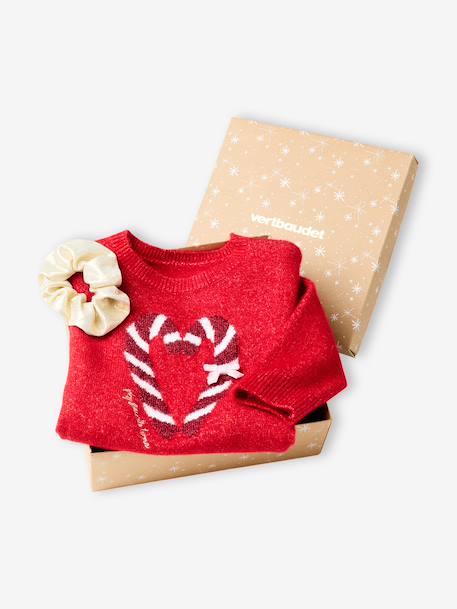Christmas Gift Box with Jacquard Knit Reindeer Jumper + 2 Scrunchies for Girls ecru+pale pink+red - vertbaudet enfant 