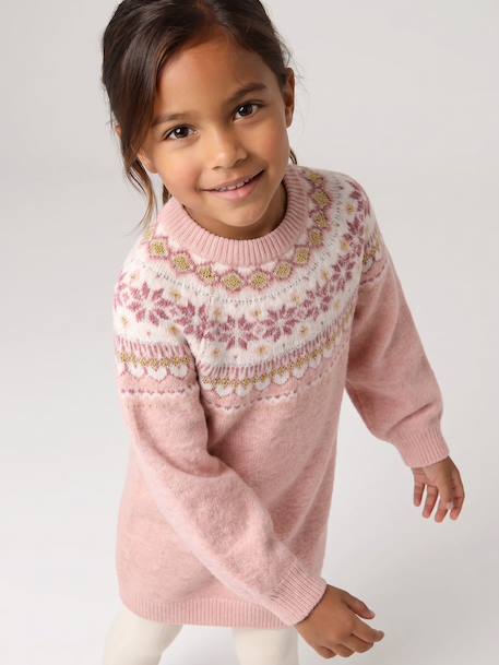 Jacquard knit dress with long sleeves for girls camel+rosy+sage green - vertbaudet enfant 