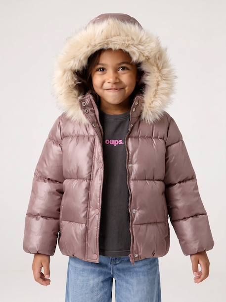 Padded Jacket with Hood & Polar Fleece Lining for Girls gold+mauve+rosy - vertbaudet enfant 