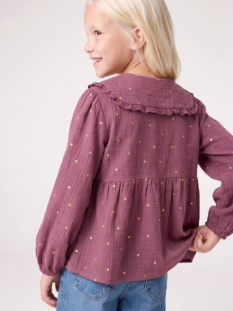 Shirt in Cotton Gauze with Broderie Anglaise Collar, for Girls ecru+emerald green+plum - vertbaudet enfant 