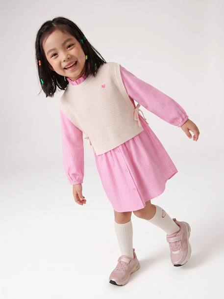 Robe-chemise fille effet 2 en 1 écru+gris chiné+marine - vertbaudet enfant 
