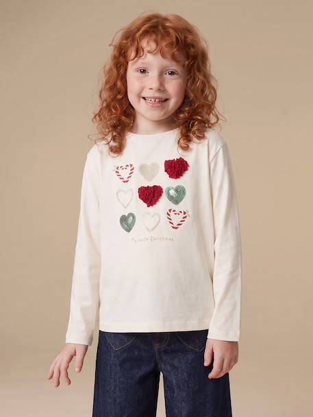 T-shirt fille animation coeur fille manches longues blanc+blush+écru+vert - vertbaudet enfant 