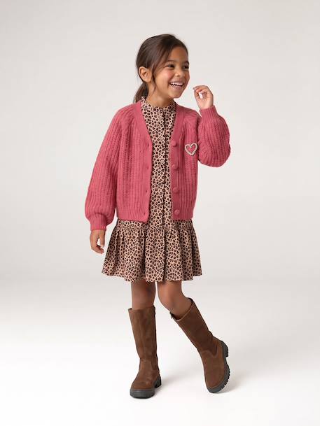 Buttoned cardigan for girls ecru+old rose - vertbaudet enfant 