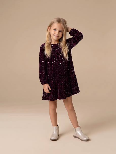 Long-sleeved sequin dress for girls plum - vertbaudet enfant 