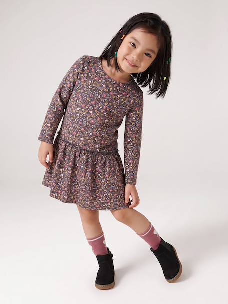 Long Sleeve Printed Dress for Girls anthracite+rose+sand beige - vertbaudet enfant 