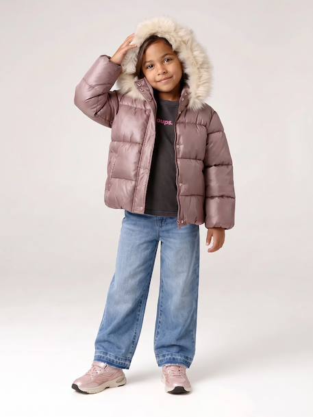 Padded Jacket with Hood & Polar Fleece Lining for Girls gold+mauve+rosy - vertbaudet enfant 