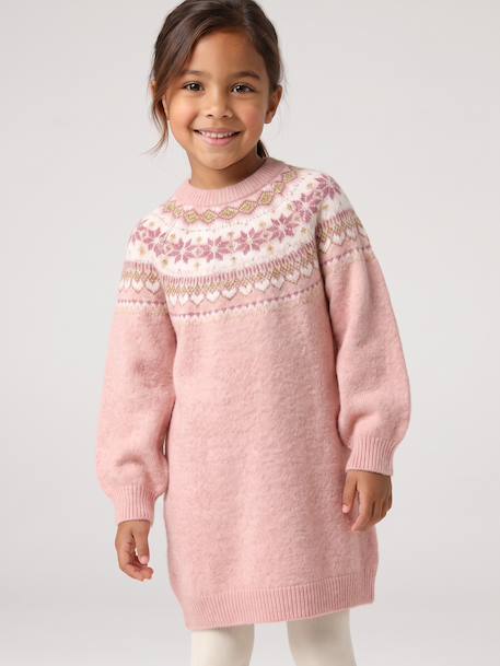 Jacquard knit dress with long sleeves for girls camel+rosy+sage green - vertbaudet enfant 