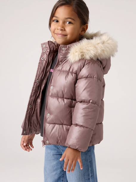 Padded Jacket with Hood & Polar Fleece Lining for Girls gold+mauve+rosy - vertbaudet enfant 