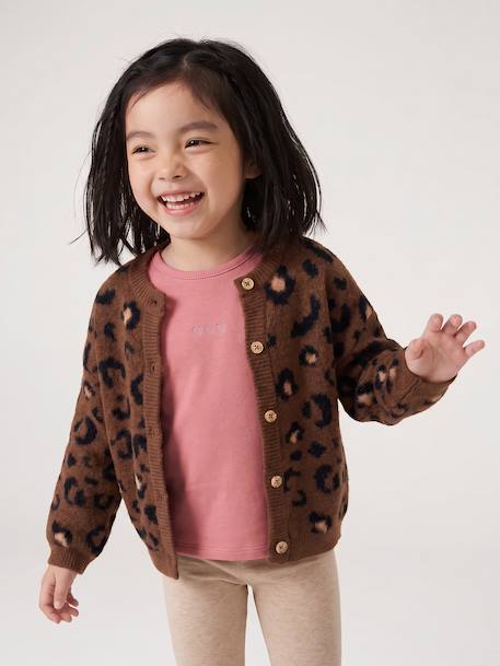 Knitted Cardigan with Animal Pattern, for Girls brown+chocolate+ecru+green - vertbaudet enfant 