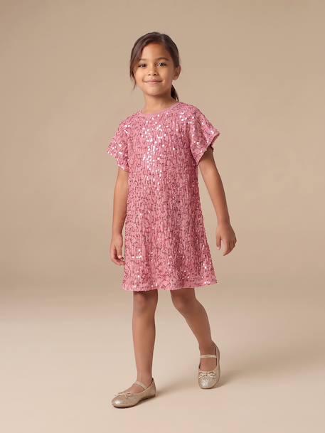 Girl's velvet and sequin dress red+rose+silver - vertbaudet enfant 
