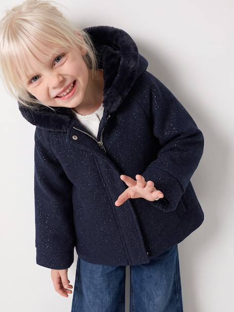 Woollen Fabric Coat with Hood marl beige+navy blue - vertbaudet enfant 
