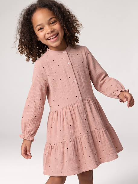 Robe fille en gaze de coton imprimée pois irisés noix de pécan+prune+vert sapin+vert sauge - vertbaudet enfant 