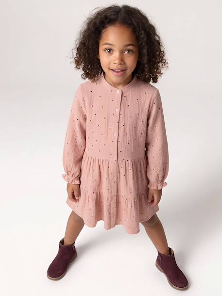 Polka Dot Dress in Cotton Gauze for Girls fir green+pecan nut+plum+sage green - vertbaudet enfant 