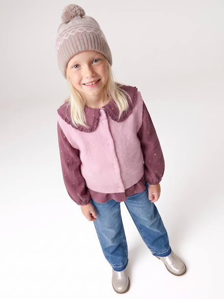 Sleeveless knitted cardigan with front button for girls lilac+vanilla - vertbaudet enfant 