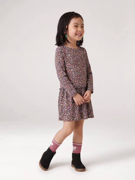 Long Sleeve Printed Dress for Girls anthracite+rose+sand beige - vertbaudet enfant 