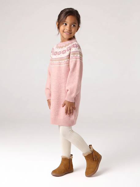 Robe fille manches longues camel+rose poudré+vert sauge - vertbaudet enfant 