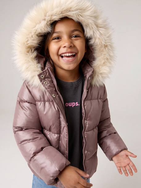 Doudoune à capuche fille doublée maille polaire mauve+or+rose poudré - vertbaudet enfant 