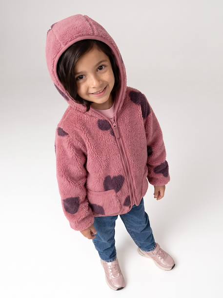 Girls' floral pop hooded sherpa jacket ecru+mauve+vanilla - vertbaudet enfant 