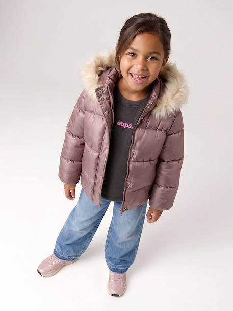 Doudoune à capuche fille doublée maille polaire mauve+or+rose poudré - vertbaudet enfant 