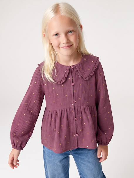 Shirt in Cotton Gauze with Broderie Anglaise Collar, for Girls ecru+emerald green+plum - vertbaudet enfant 
