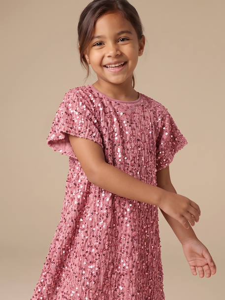 Girl's velvet and sequin dress red+rose+silver - vertbaudet enfant 