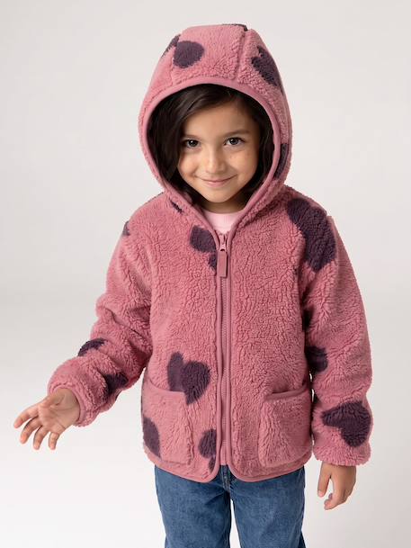 Girls' floral pop hooded sherpa jacket ecru+mauve+vanilla - vertbaudet enfant 