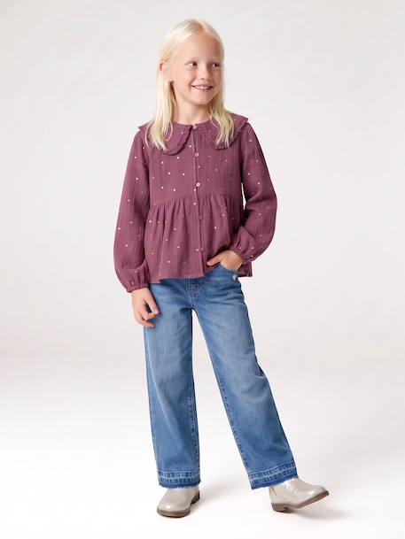 Shirt in Cotton Gauze with Broderie Anglaise Collar, for Girls ecru+emerald green+plum - vertbaudet enfant 