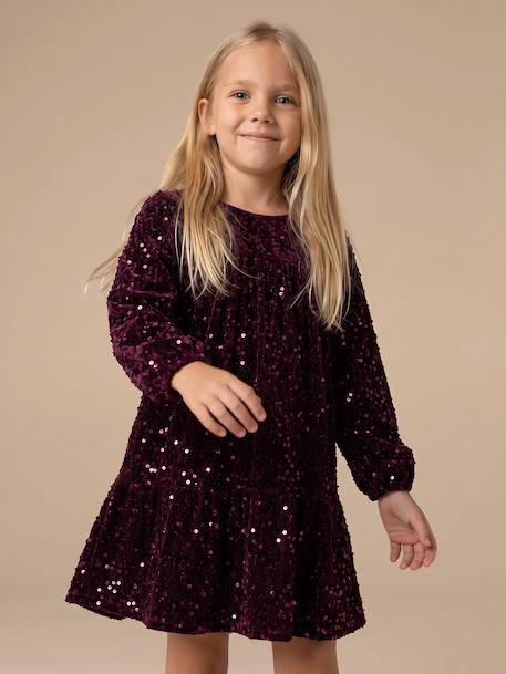 Long-sleeved sequin dress for girls plum - vertbaudet enfant 