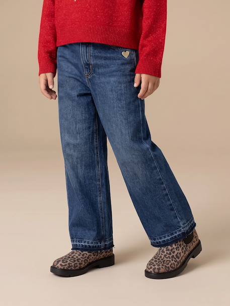 Wide-Leg Jeans, Frayed Hems, for Girls bleached denim+deep blue+grey+stone - vertbaudet enfant 