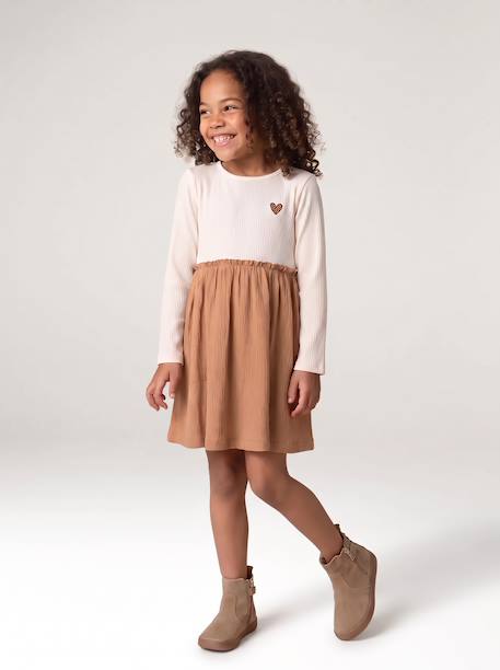 Robe 2 en 1 manches longues fille camel - vertbaudet enfant 