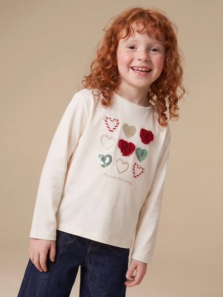 T-shirt fille animation coeur fille manches longues blanc+blush+écru+vert - vertbaudet enfant 