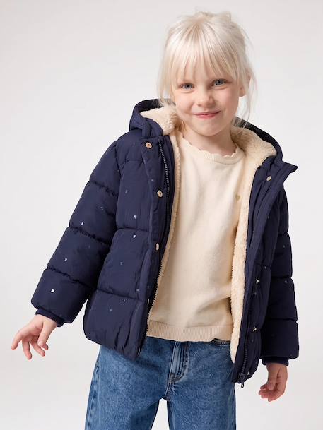 Hooded puffer jacket for girls blue+navy blue - vertbaudet enfant 