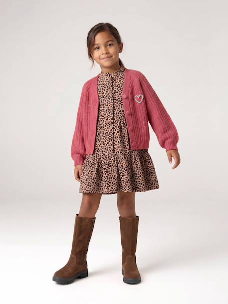Buttoned cardigan for girls ecru+old rose - vertbaudet enfant 