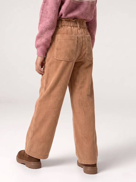 Wide Corduroy Paperbag Trousers for Girls bordeaux red+camel+mauve+navy blue+olive - vertbaudet enfant 