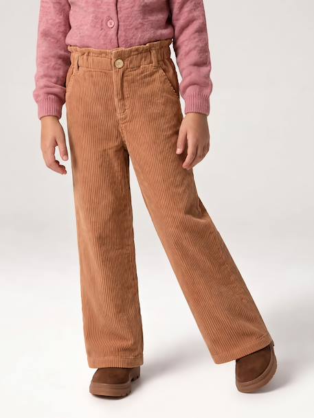 Wide Corduroy Paperbag Trousers for Girls bordeaux red+camel+mauve+navy blue+olive - vertbaudet enfant 