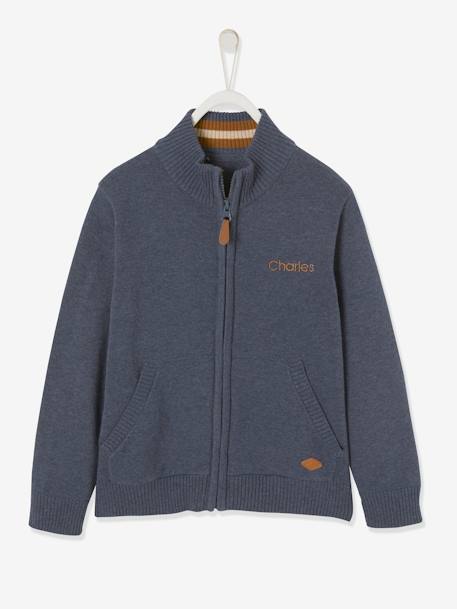 Gilet zippé col montant personnalisable garçon Bleu chiné+Ecru chiné - BROSS B 0294+vert chiné - vertbaudet enfant 