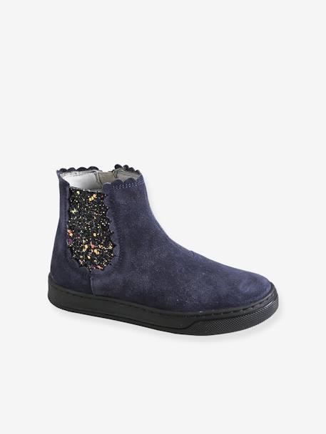 Boots with Elastic & Zip, for Girls Brown/Print+Dark Blue - vertbaudet enfant 