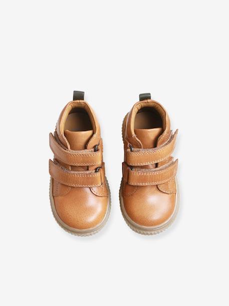Leather Pram Boots with Touch Fasteners, for Baby Boys BLUE DARK SOLID WITH DESIGN+Camel+taupe - vertbaudet enfant 