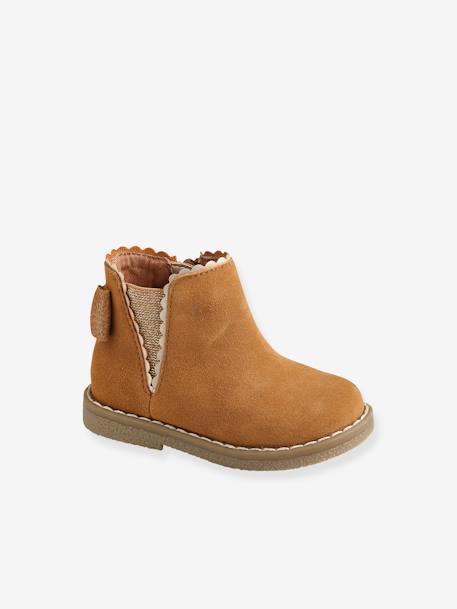 Leather Boots with Elastic, for Baby Girls Camel - vertbaudet enfant 