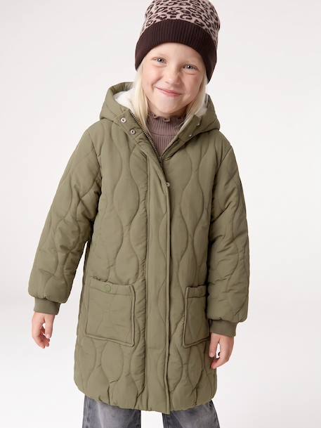 Long Lightweight Jacket with Hood & Faux Fur Lining, for Girls black+khaki - vertbaudet enfant 