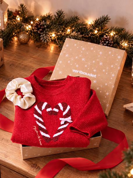 Christmas Gift Box with Jacquard Knit Reindeer Jumper + 2 Scrunchies for Girls ecru+pale pink+red - vertbaudet enfant 