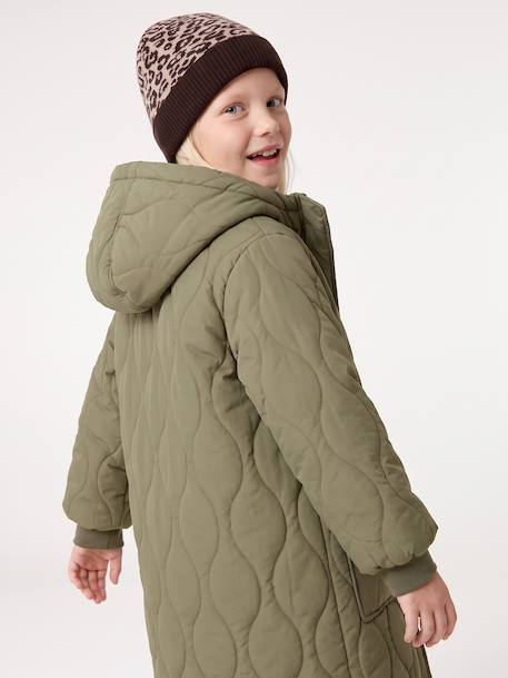 Long Lightweight Jacket with Hood & Faux Fur Lining, for Girls black+khaki - vertbaudet enfant 