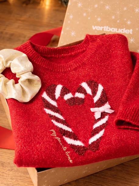 Christmas Gift Box with Jacquard Knit Reindeer Jumper + 2 Scrunchies for Girls ecru+pale pink+red - vertbaudet enfant 