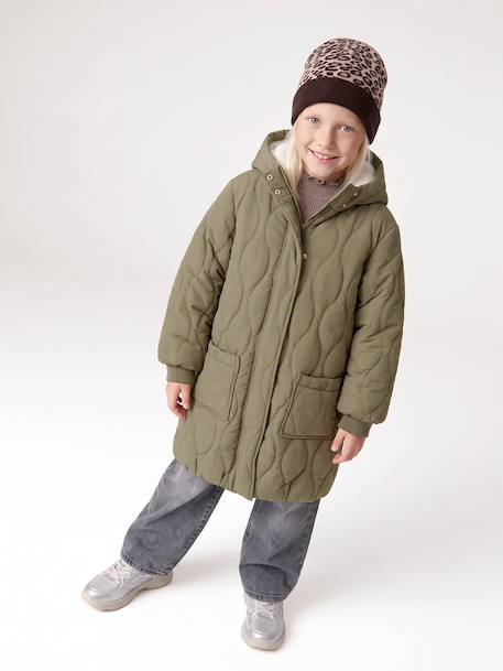 Long Lightweight Jacket with Hood & Faux Fur Lining, for Girls black+khaki - vertbaudet enfant 