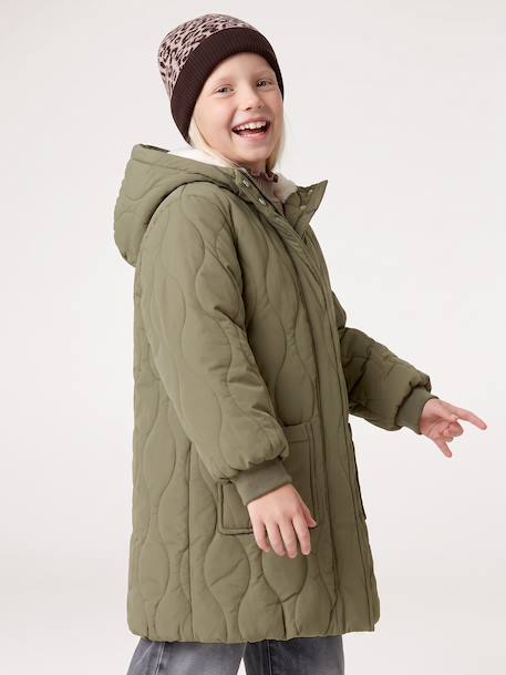 Long Lightweight Jacket with Hood & Faux Fur Lining, for Girls black+khaki - vertbaudet enfant 